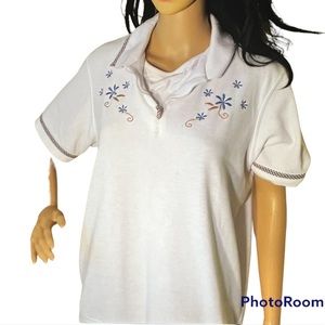EUC White with Blue Flowers, zip front collar Top